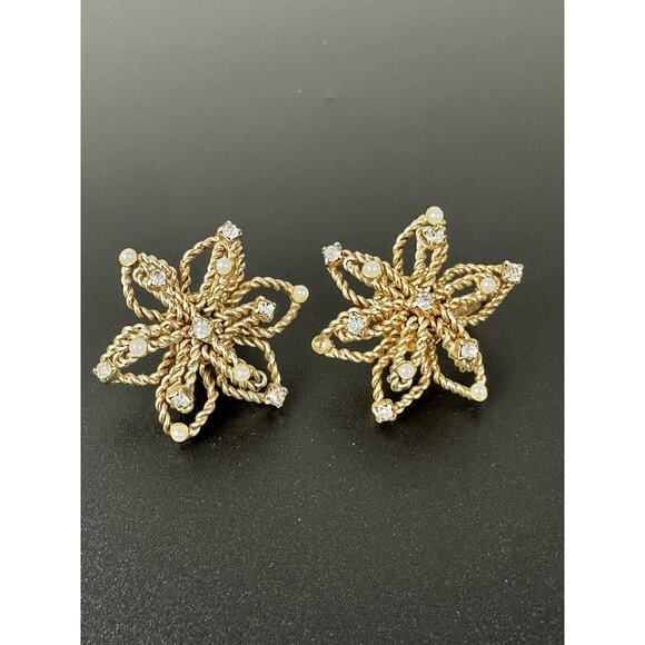 Vintage Iconic Bergere Goldtone Atomic Floral Earrings Set Pearls And Crystals - Picture 1 of 4